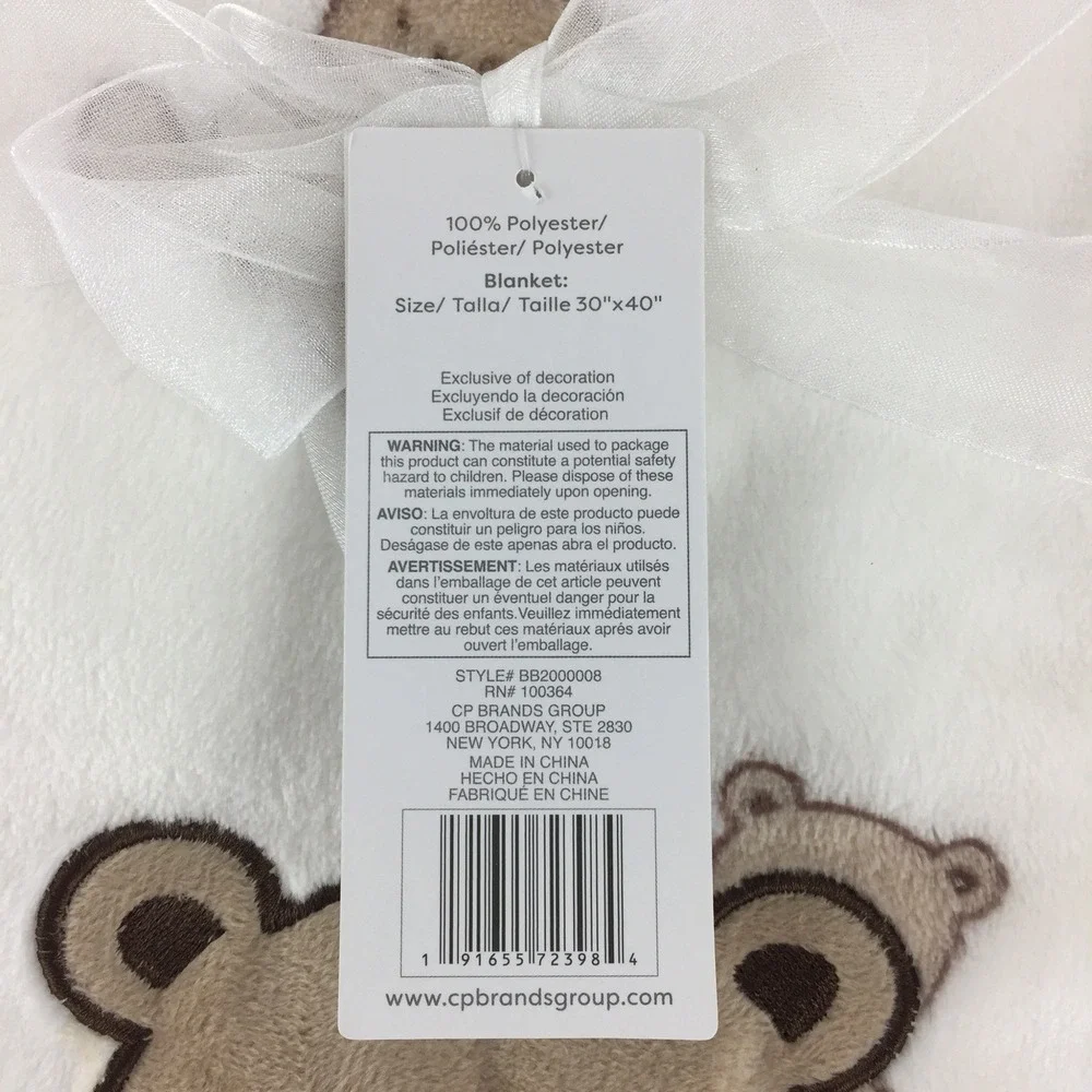 Baby Gear Blanket White Teddy Bear Plush Fleece Embroidered 30x40 Inches